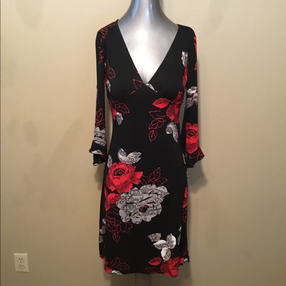 Vintage Faith Love Passion black floral dress EUC